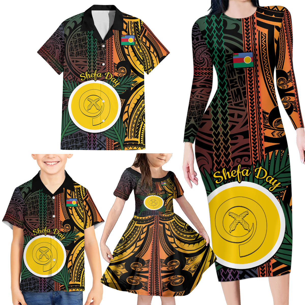 Personalised Shefa Day Family Matching Long Sleeve Bodycon Dress and Hawaiian Shirt Happy June 18 Vanuatu Province