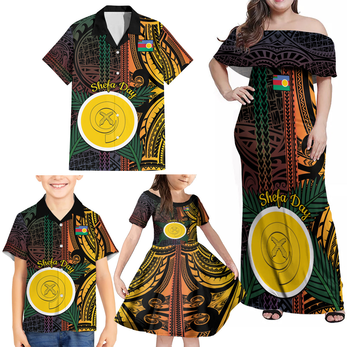 Personalised Shefa Day Family Matching Off Shoulder Maxi Dress and Hawaiian Shirt Happy June 18 Vanuatu Province LT14 - Polynesian Pride