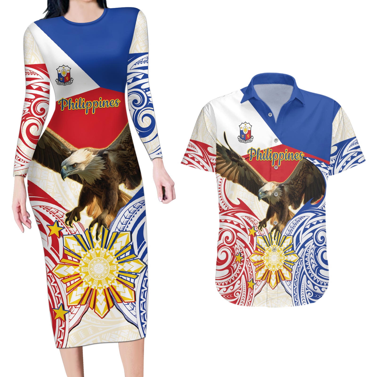 Philippines Independence Day Couples Matching Long Sleeve Bodycon Dress and Hawaiian Shirt Pilipinas Eagle 126th Anniversary