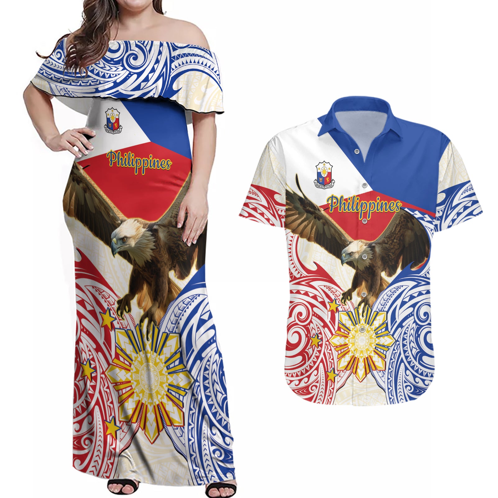 Philippines Independence Day Couples Matching Off Shoulder Maxi Dress and Hawaiian Shirt Pilipinas Eagle 126th Anniversary