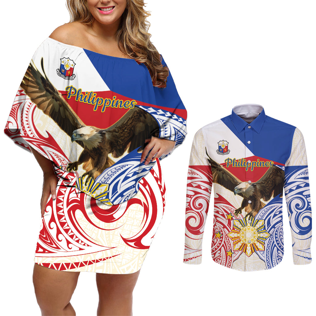 Philippines Independence Day Couples Matching Off Shoulder Short Dress and Long Sleeve Button Shirt Pilipinas Eagle 126th Anniversary