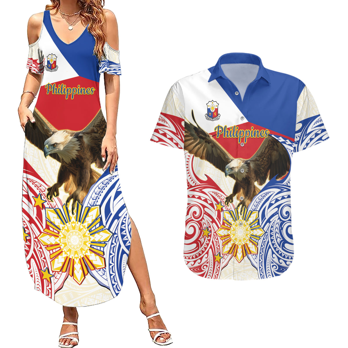 Philippines Independence Day Couples Matching Summer Maxi Dress and Hawaiian Shirt Pilipinas Eagle 126th Anniversary