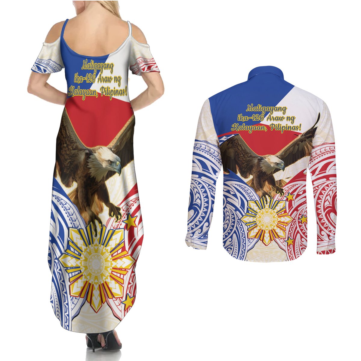 Philippines Independence Day Couples Matching Summer Maxi Dress and Long Sleeve Button Shirt Pilipinas Eagle 126th Anniversary LT14 - Polynesian Pride