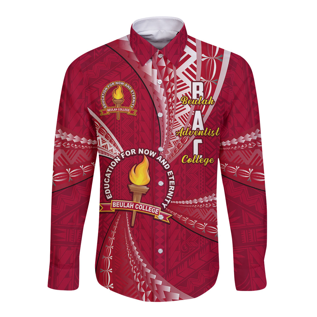 Personalised Tonga Beulah College Long Sleeve Button Shirt Tongan Ngatu Pattern LT14 Unisex Maroon - Polynesian Pride