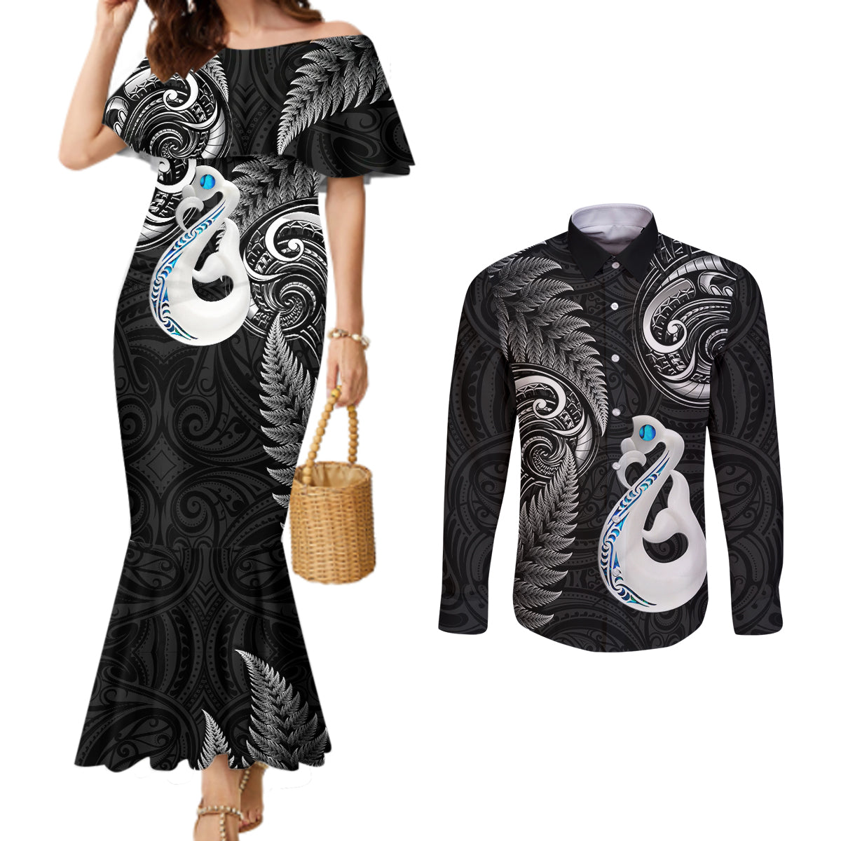 Personalised New Zealand Couples Mermaid Dress and Long Sleeve Button Shirts Aotearoa Silver Fern With Manaia Maori Unique Black LT14 Black - Polynesian Pride