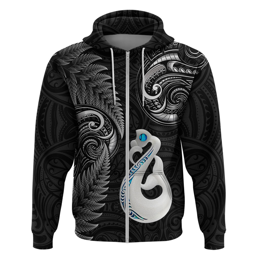 Custom New Zealand Hoodie Aotearoa Silver Fern With Manaia Maori Unique Black LT14 Zip Hoodie Black - Polynesian Pride