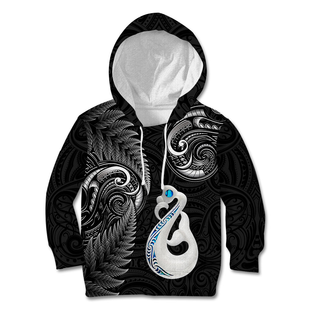 Personalised New Zealand Kid Hoodie Aotearoa Silver Fern With Manaia Maori Unique Black LT14 Hoodie Black - Polynesian Pride