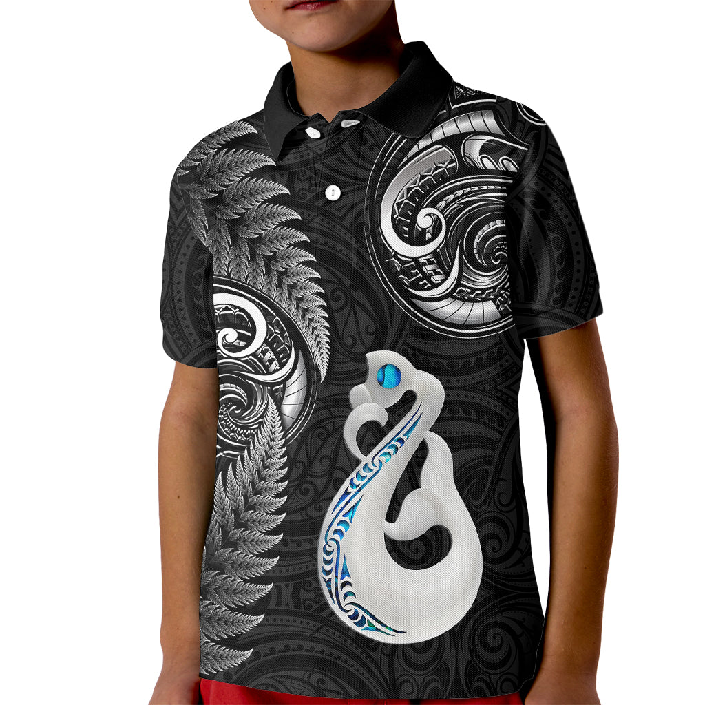 Personalised New Zealand Kid Polo Shirt Aotearoa Silver Fern With Manaia Maori Unique Black LT14 Kid Black - Polynesian Pride