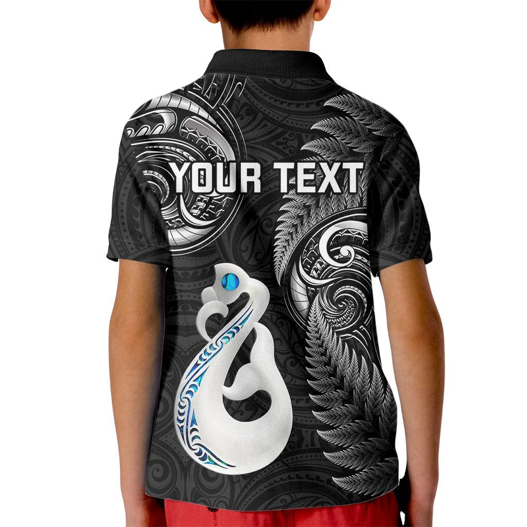 Personalised New Zealand Kid Polo Shirt Aotearoa Silver Fern With Manaia Maori Unique Black LT14 - Polynesian Pride