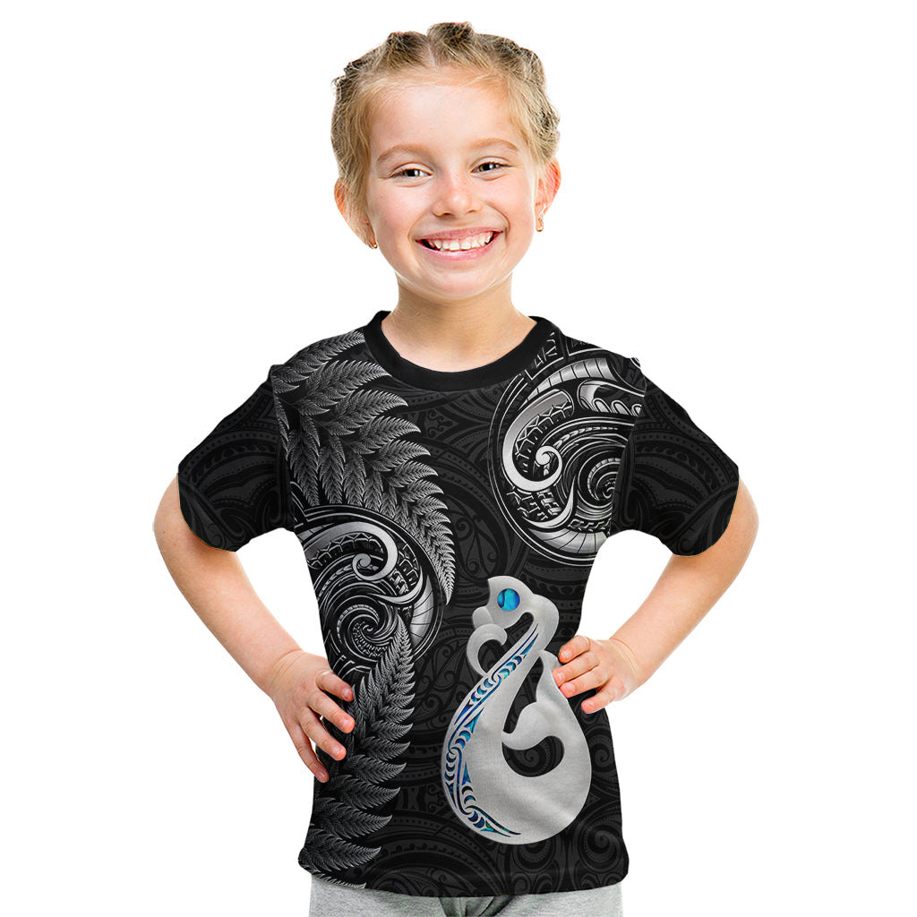 Personalised New Zealand Kid T Shirt Aotearoa Silver Fern With Manaia Maori Unique Black LT14 Black - Polynesian Pride