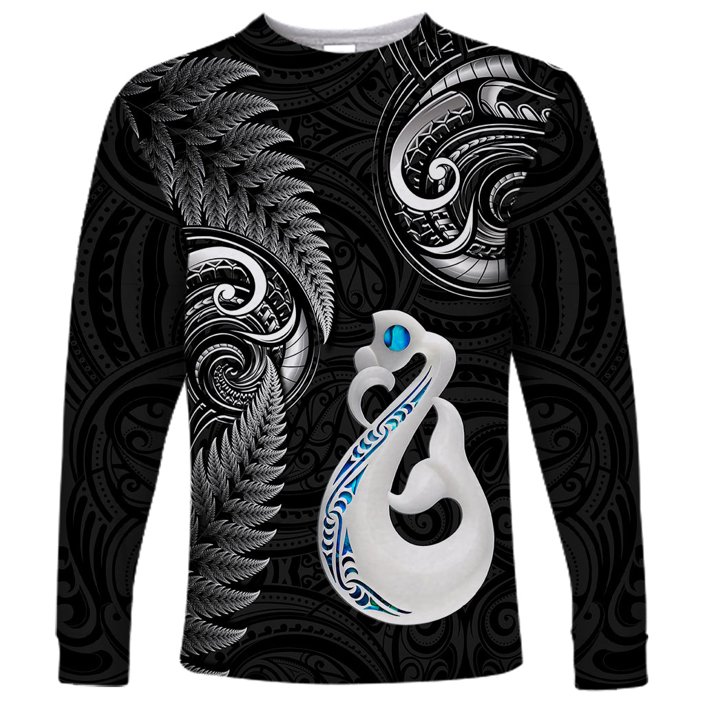 Personalised New Zealand Long Sleeve Shirt Aotearoa Silver Fern With Manaia Maori Unique Black LT14 Unisex Black - Polynesian Pride