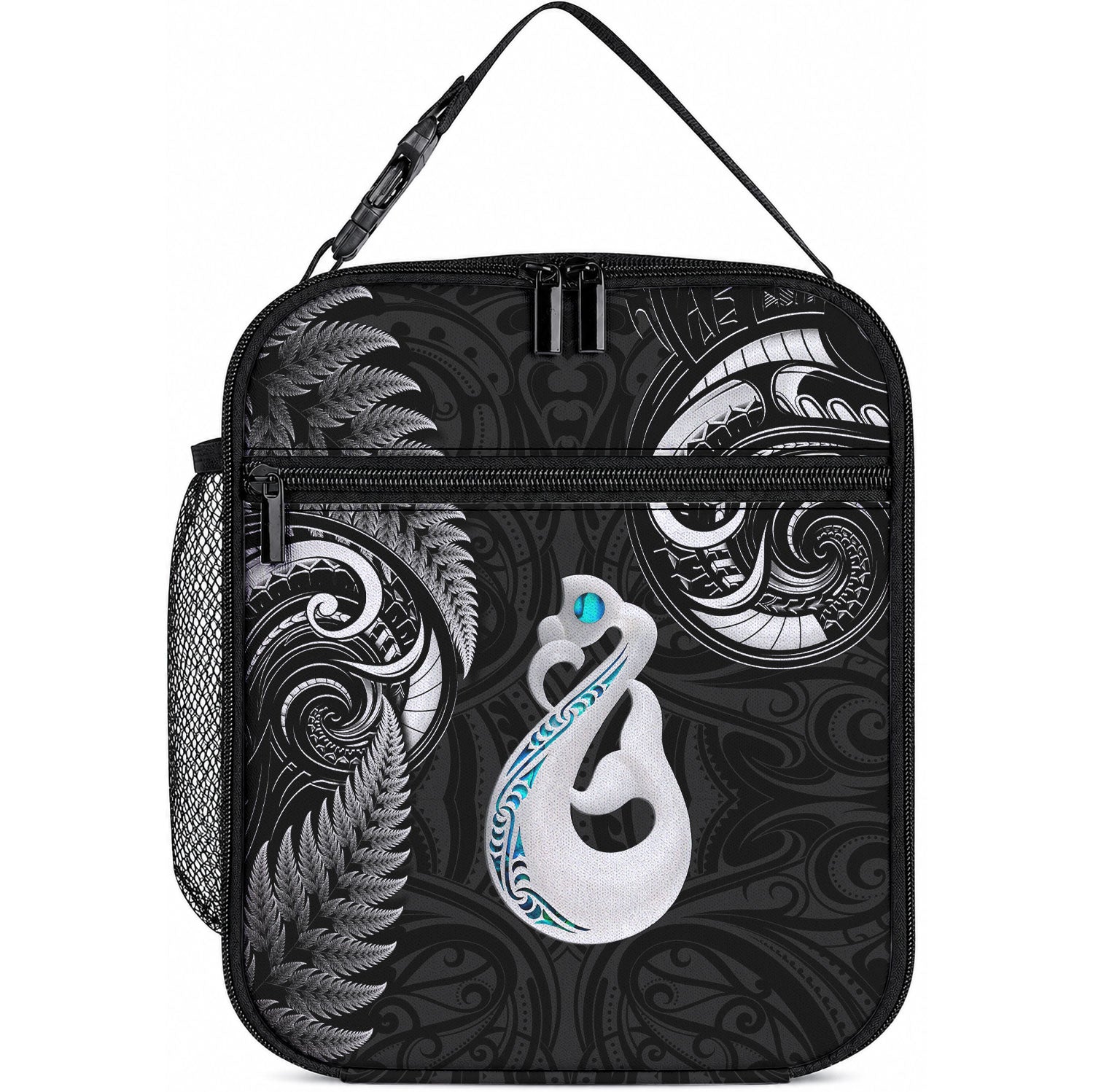 New Zealand Lunch Bag Aotearoa Silver Fern With Manaia Maori Unique Black LT14 10.2 × 8.3 × 4.3 inch Black - Polynesian Pride