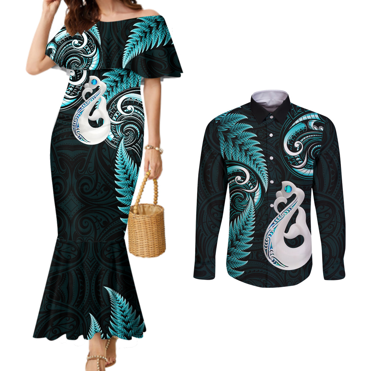 Personalised New Zealand Couples Mermaid Dress and Long Sleeve Button Shirts Aotearoa Silver Fern With Manaia Maori Unique Turquoise LT14 Turquoise - Polynesian Pride