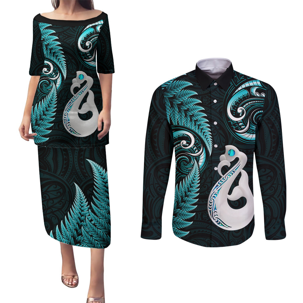 Personalised New Zealand Couples Puletasi Dress and Long Sleeve Button Shirts Aotearoa Silver Fern With Manaia Maori Unique Turquoise LT14 Turquoise - Polynesian Pride