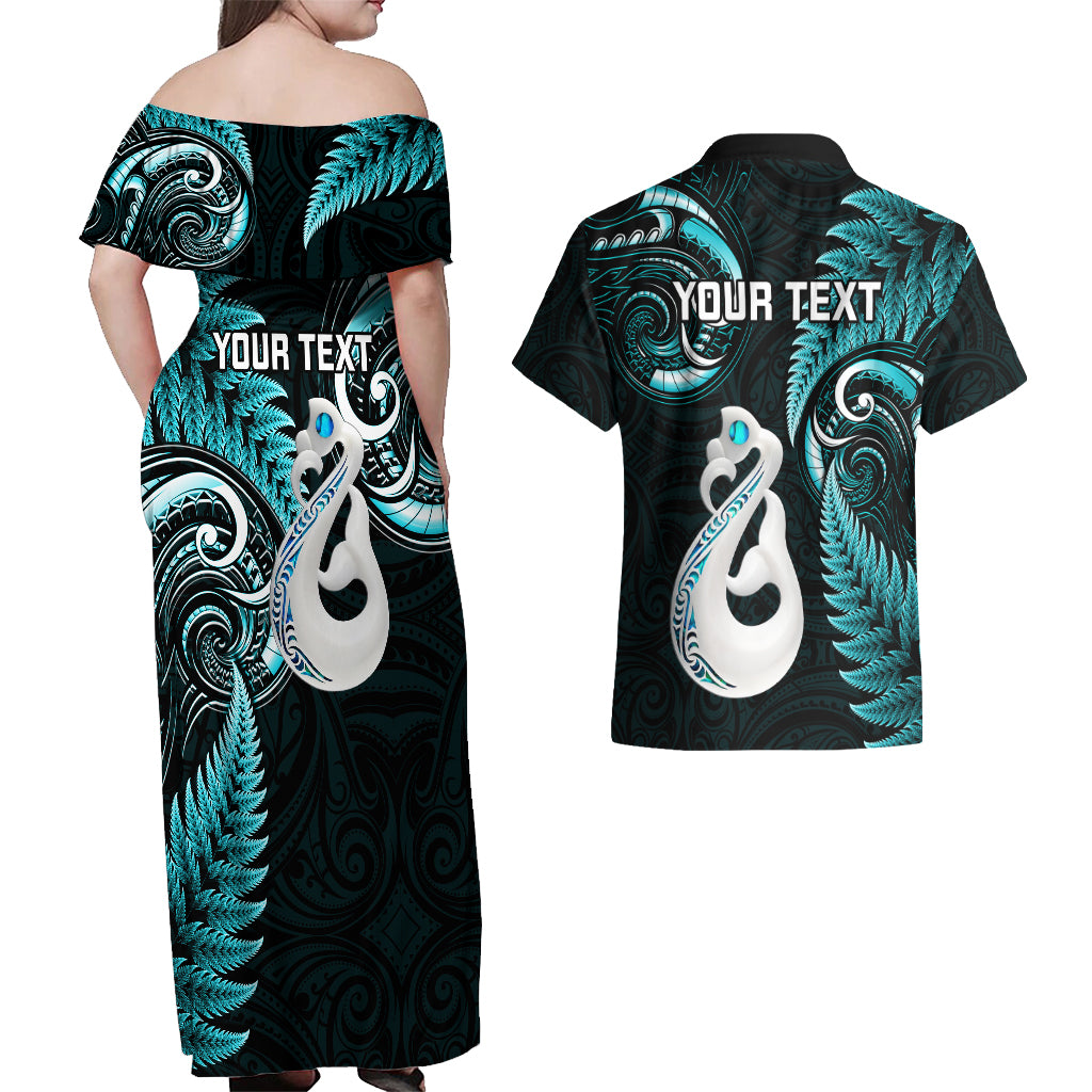 Personalised New Zealand Couples Off Shoulder Maxi Dress and Hawaiian Shirt Aotearoa Silver Fern With Manaia Maori Unique Turquoise LT14 - Polynesian Pride
