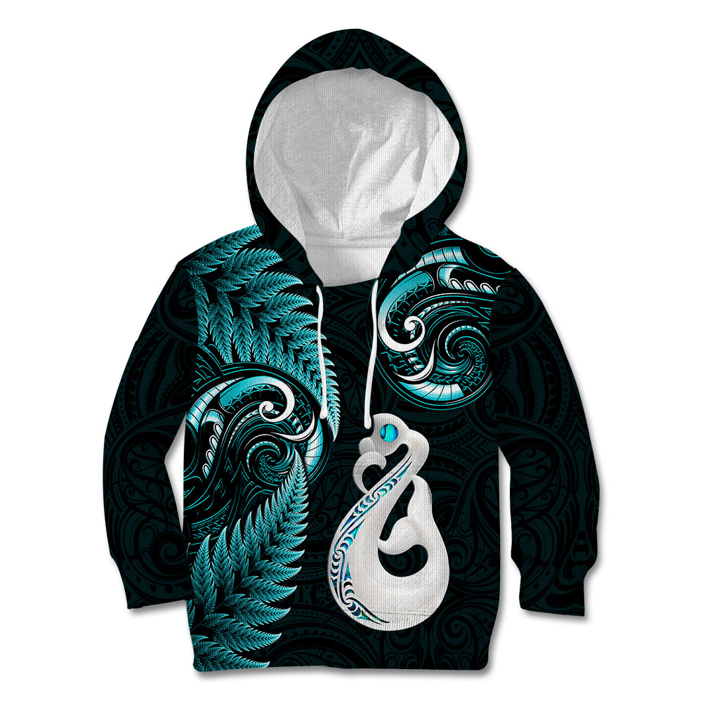 Personalised New Zealand Kid Hoodie Aotearoa Silver Fern With Manaia Maori Unique Turquoise LT14 Hoodie Turquoise - Polynesian Pride