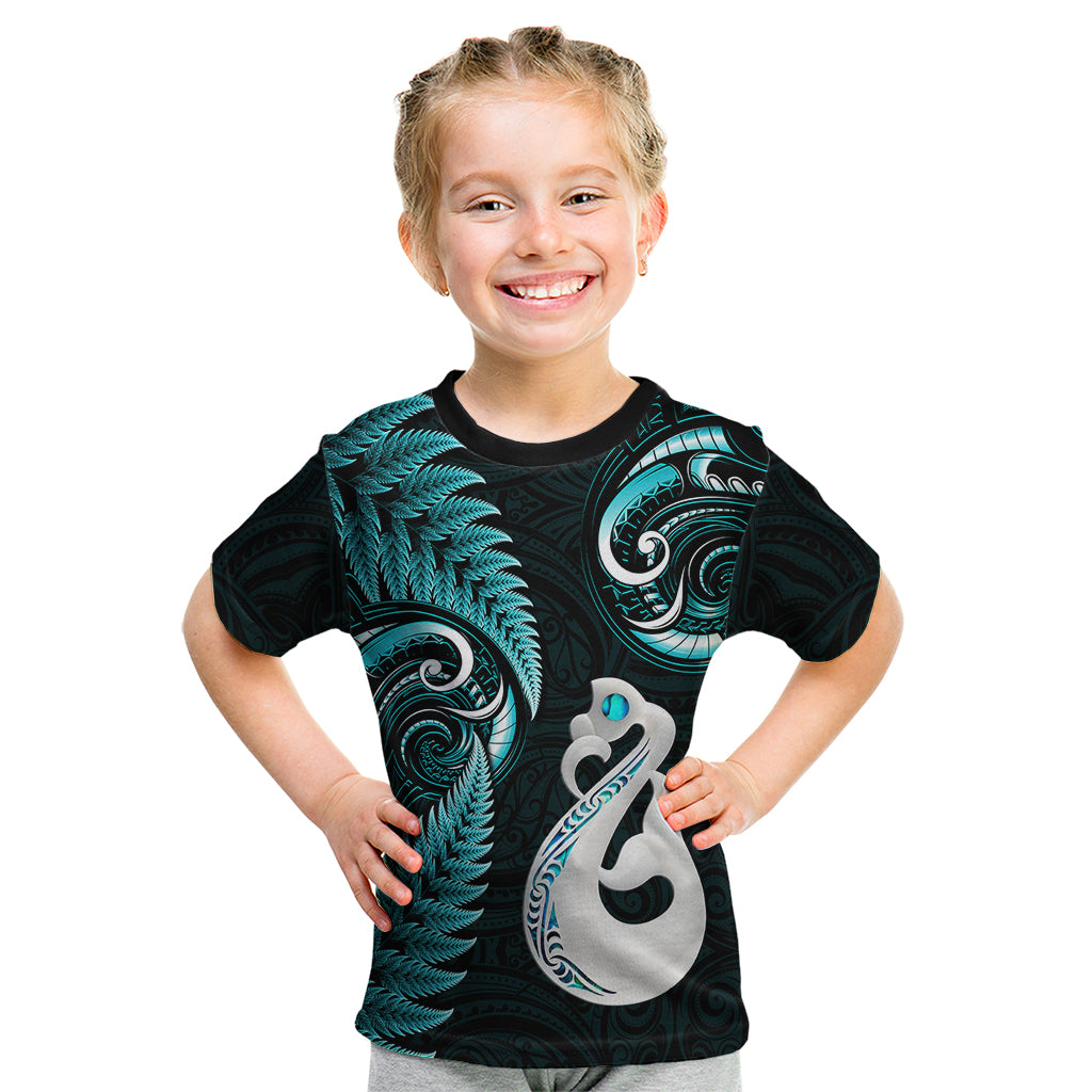 Personalised New Zealand Kid T Shirt Aotearoa Silver Fern With Manaia Maori Unique Turquoise LT14 Turquoise - Polynesian Pride