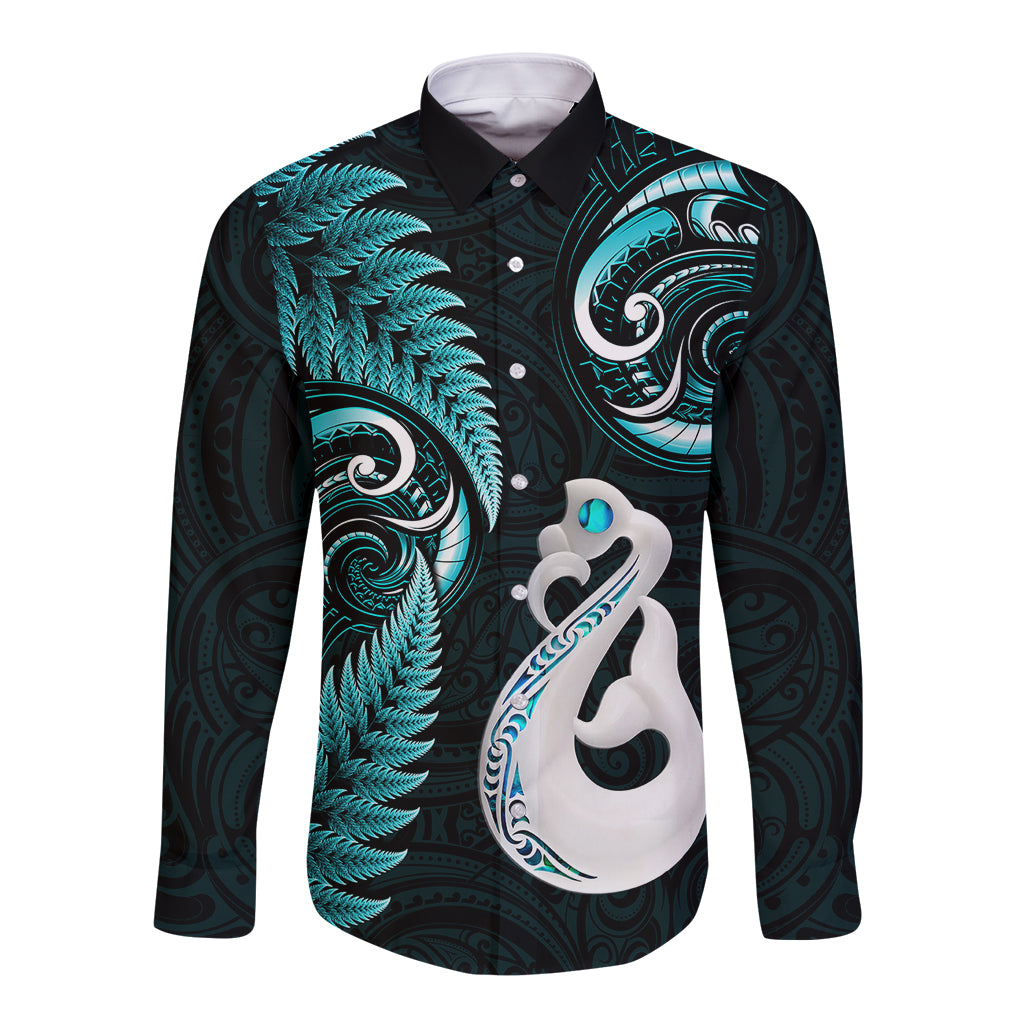 Personalised New Zealand Long Sleeve Button Shirt Aotearoa Silver Fern With Manaia Maori Unique Turquoise LT14 Unisex Turquoise - Polynesian Pride