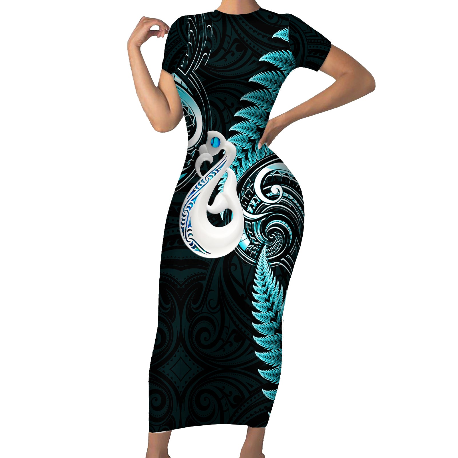 Personalised New Zealand Short Sleeve Bodycon Dress Aotearoa Silver Fern With Manaia Maori Unique Turquoise LT14 Long Dress Turquoise - Polynesian Pride