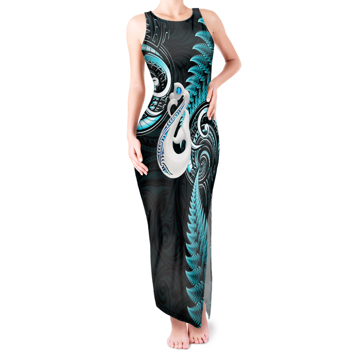 Personalised New Zealand Tank Maxi Dress Aotearoa Silver Fern With Manaia Maori Unique Turquoise LT14 Women Turquoise - Polynesian Pride