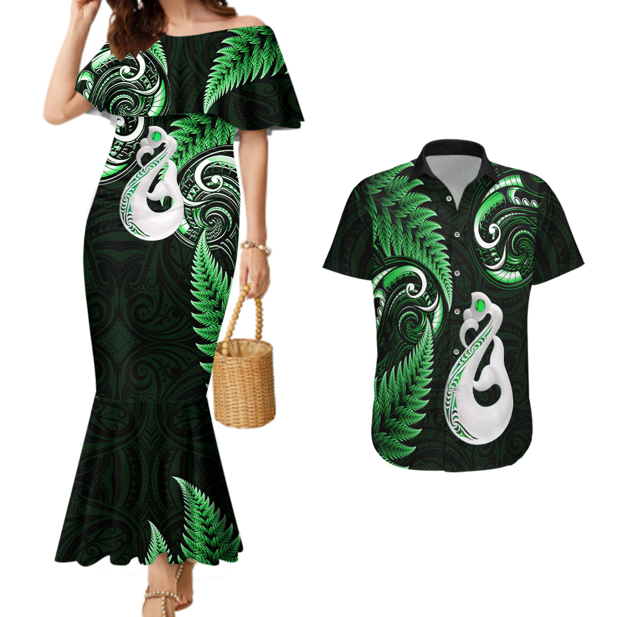 Personalised New Zealand Couples Mermaid Dress And Hawaiian Shirt Aotearoa Silver Fern With Manaia Maori Unique Green LT14 Green - Polynesian Pride