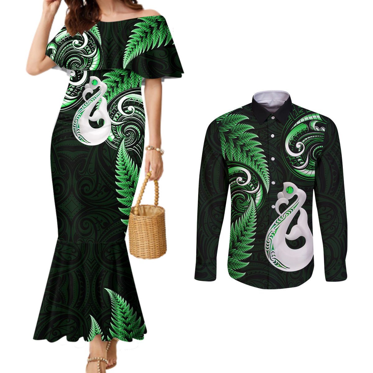 Personalised New Zealand Couples Mermaid Dress and Long Sleeve Button Shirts Aotearoa Silver Fern With Manaia Maori Unique Green LT14 Green - Polynesian Pride