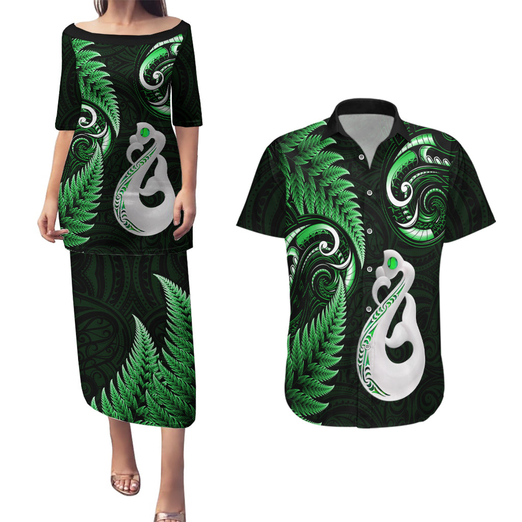 Personalised New Zealand Couples Puletasi Dress and Hawaiian Shirt Aotearoa Silver Fern With Manaia Maori Unique Green LT14 Green - Polynesian Pride