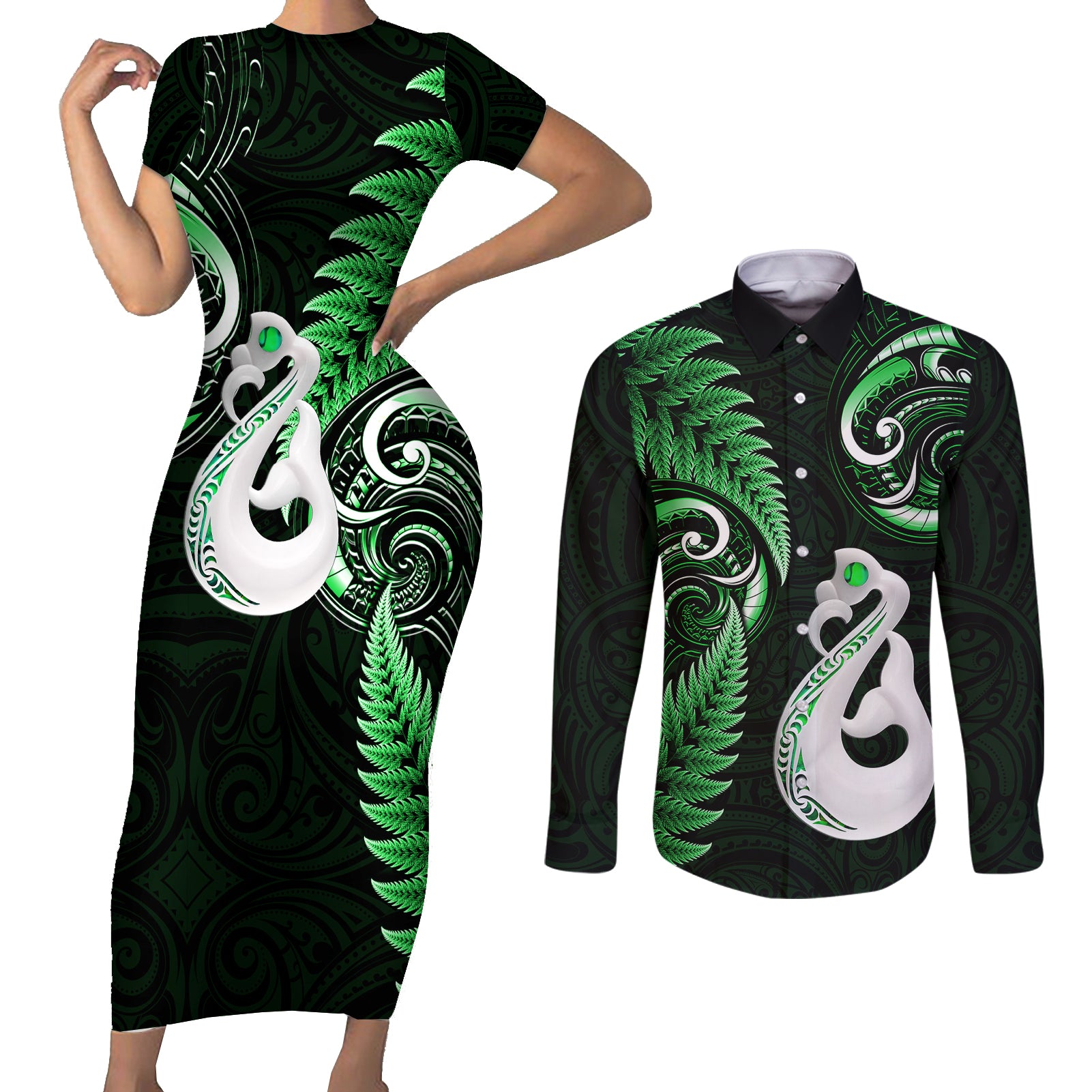 Personalised New Zealand Couples Short Sleeve Bodycon Dress and Long Sleeve Button Shirts Aotearoa Silver Fern With Manaia Maori Unique Green LT14 Green - Polynesian Pride