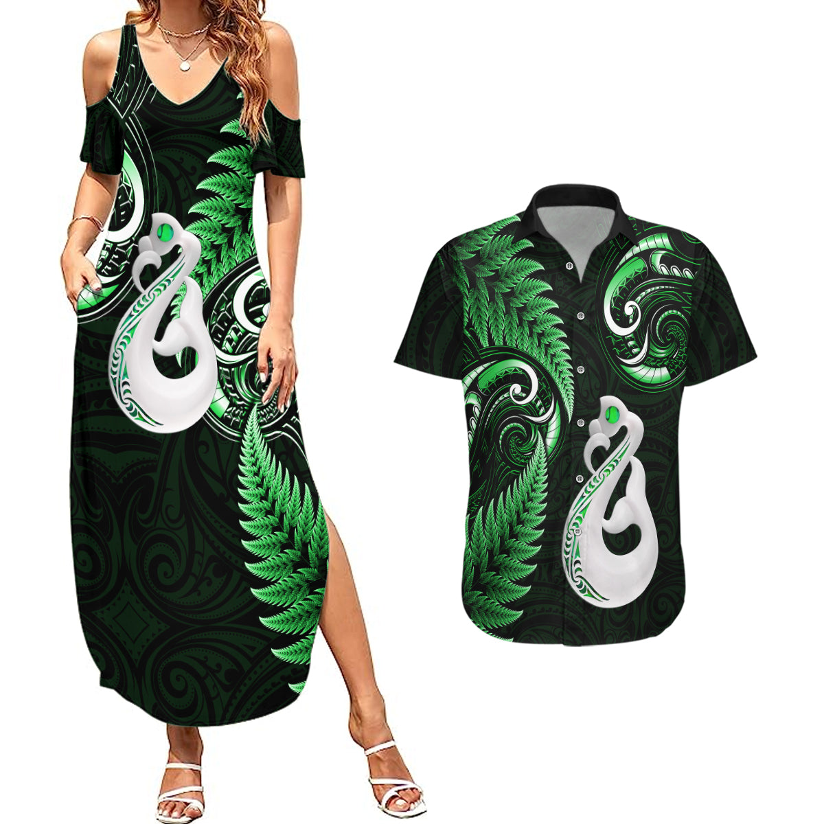 Personalised New Zealand Couples Summer Maxi Dress and Hawaiian Shirt Aotearoa Silver Fern With Manaia Maori Unique Green LT14 Green - Polynesian Pride