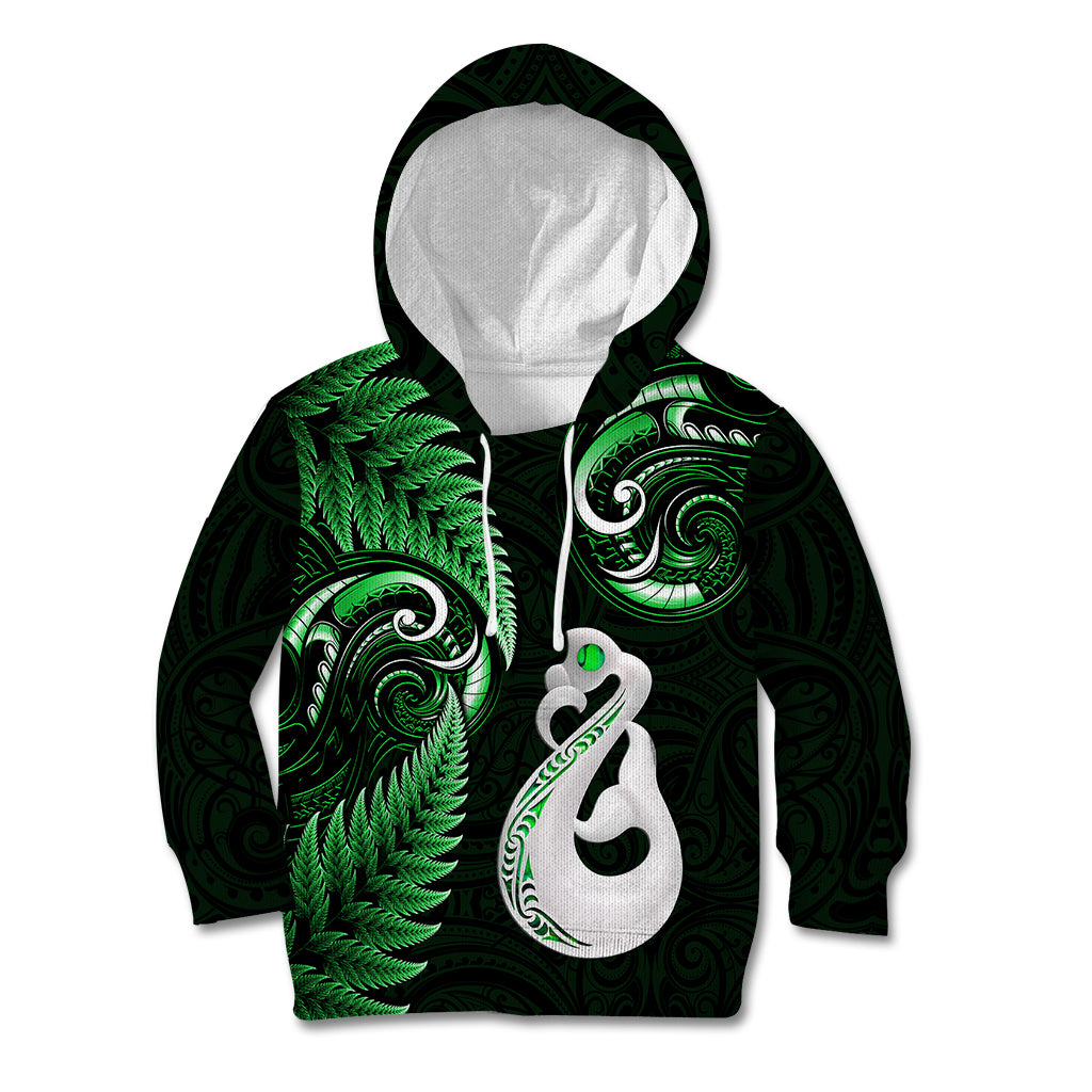 Personalised New Zealand Kid Hoodie Aotearoa Silver Fern With Manaia Maori Unique Green LT14 Hoodie Green - Polynesian Pride