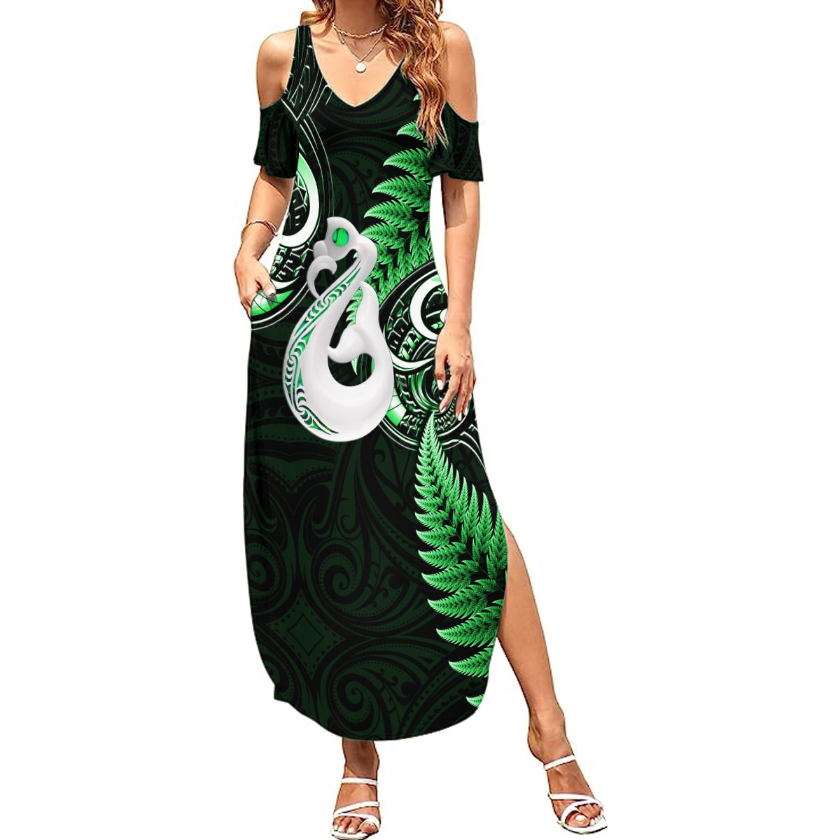 Personalised New Zealand Summer Maxi Dress Aotearoa Silver Fern With Manaia Maori Unique Green LT14 Women Green - Polynesian Pride