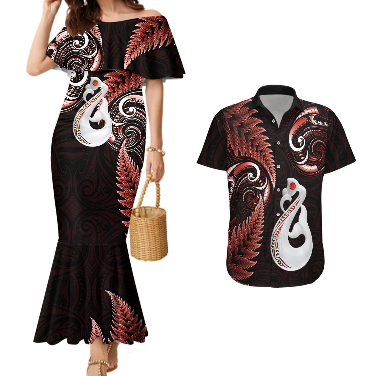 Personalised New Zealand Couples Mermaid Dress And Hawaiian Shirt Aotearoa Silver Fern With Manaia Maori Unique Red LT14 Red - Polynesian Pride