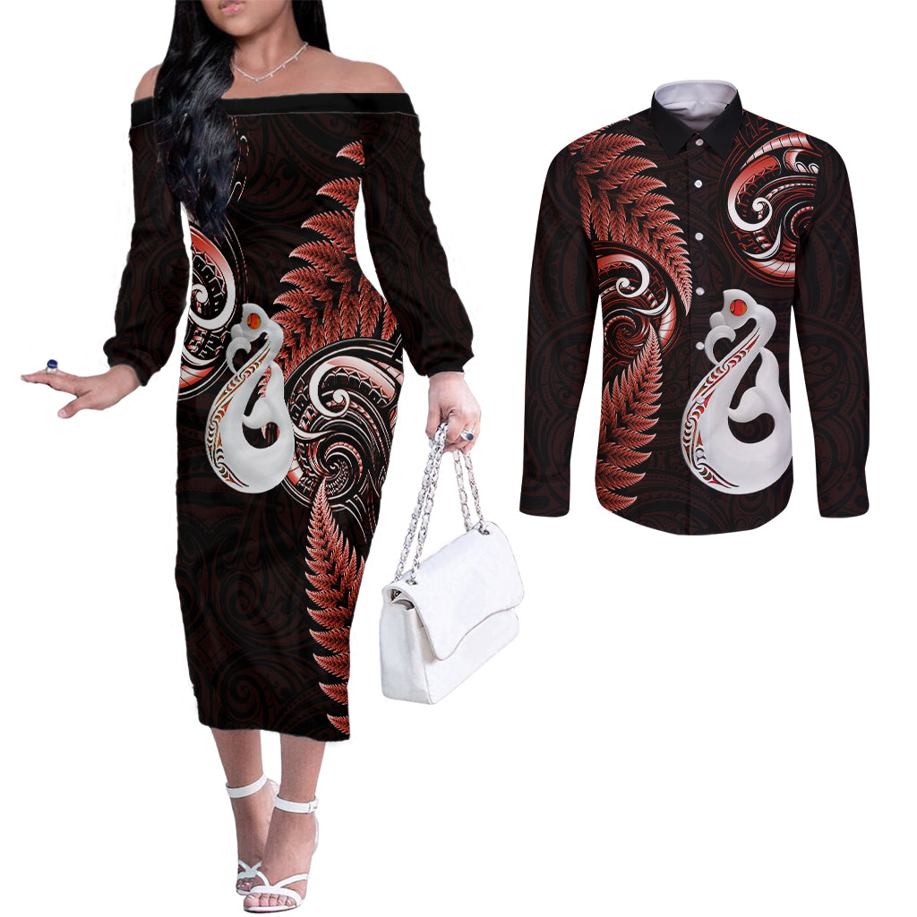 Personalised New Zealand Couples Off The Shoulder Long Sleeve Dress and Long Sleeve Button Shirts Aotearoa Silver Fern With Manaia Maori Unique Red LT14 Red - Polynesian Pride