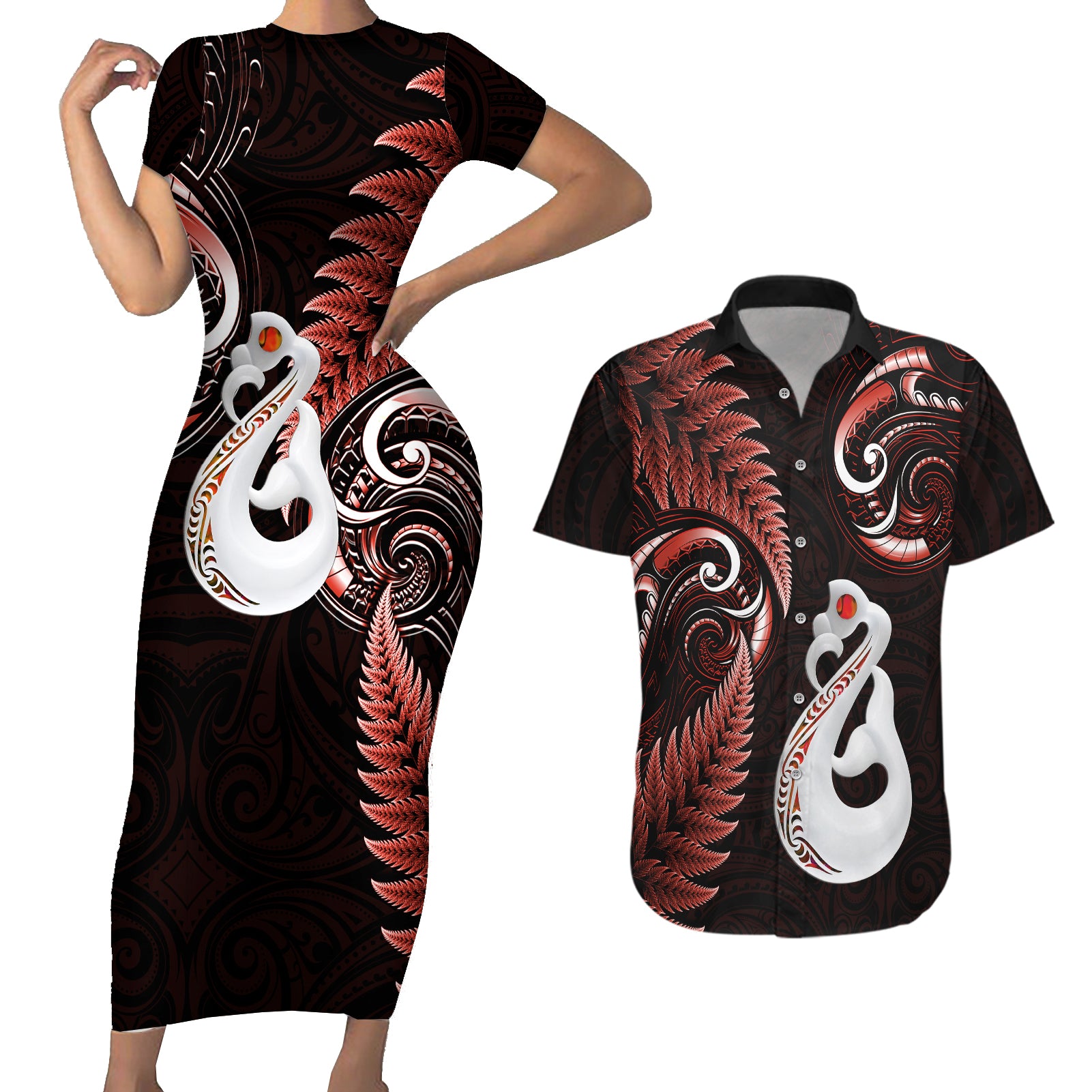 Personalised New Zealand Couples Short Sleeve Bodycon Dress and Hawaiian Shirt Aotearoa Silver Fern With Manaia Maori Unique Red LT14 Red - Polynesian Pride