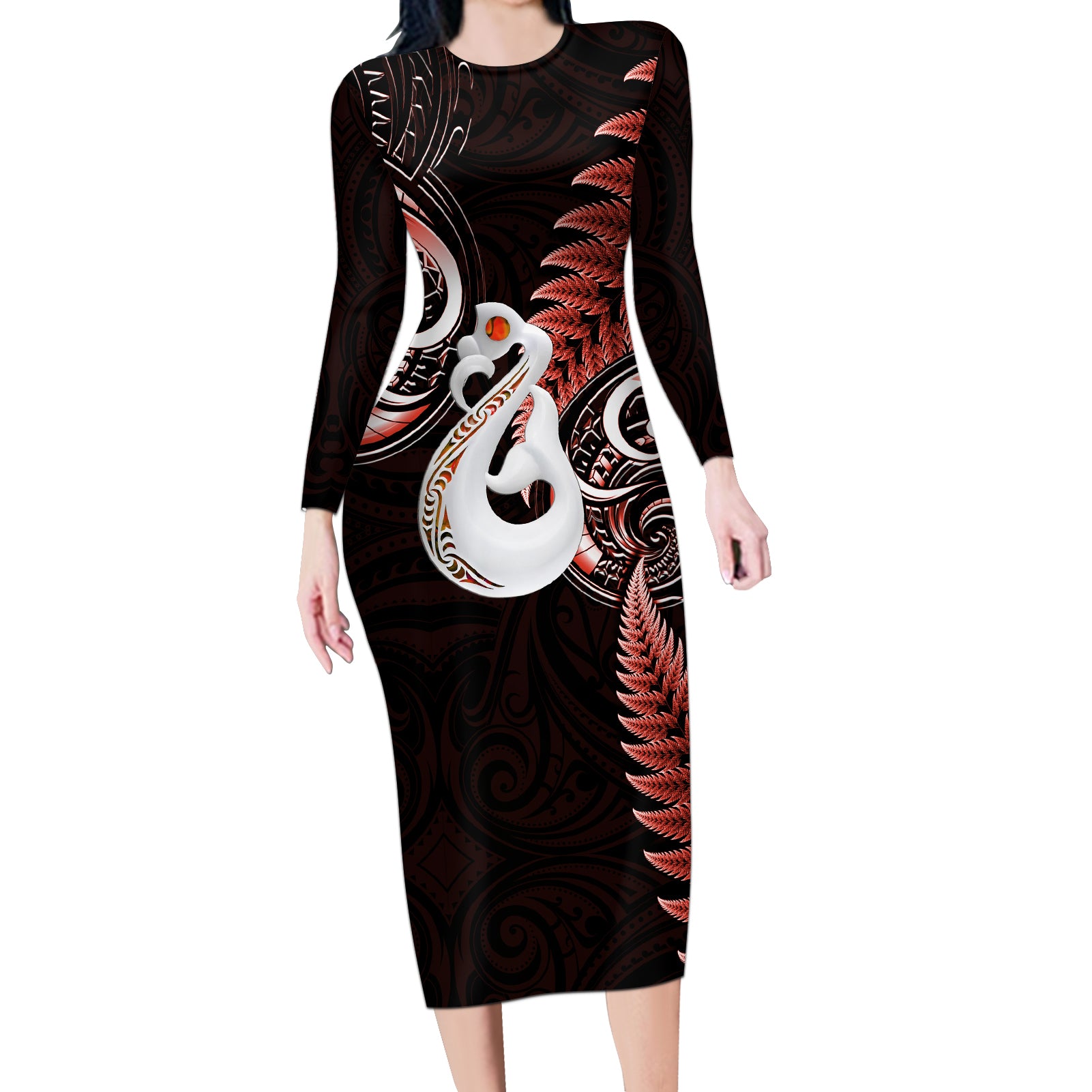 Personalised New Zealand Long Sleeve Bodycon Dress Aotearoa Silver Fern With Manaia Maori Unique Red LT14 Long Dress Red - Polynesian Pride