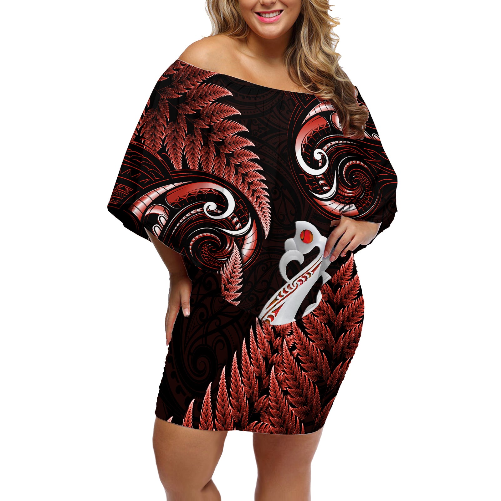 Personalised New Zealand Off Shoulder Short Dress Aotearoa Silver Fern With Manaia Maori Unique Red LT14 Women Red - Polynesian Pride