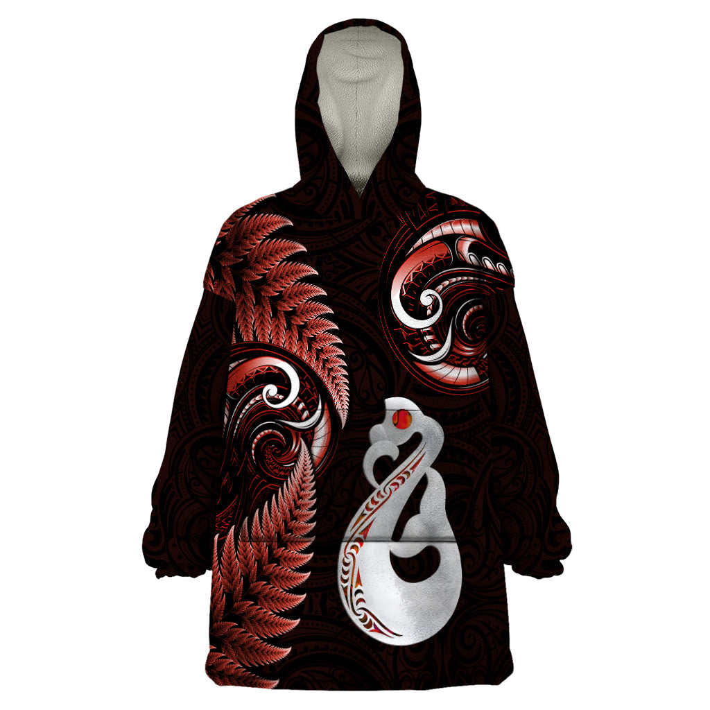 Personalised New Zealand Wearable Blanket Hoodie Aotearoa Silver Fern With Manaia Maori Unique Red LT14 One Size Red - Polynesian Pride