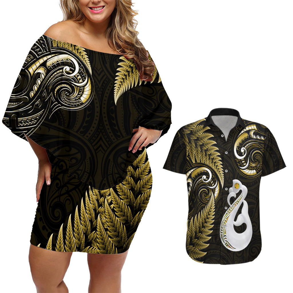 Personalised New Zealand Couples Off Shoulder Short Dress and Hawaiian Shirt Aotearoa Silver Fern With Manaia Maori Unique Gold LT14 Gold - Polynesian Pride