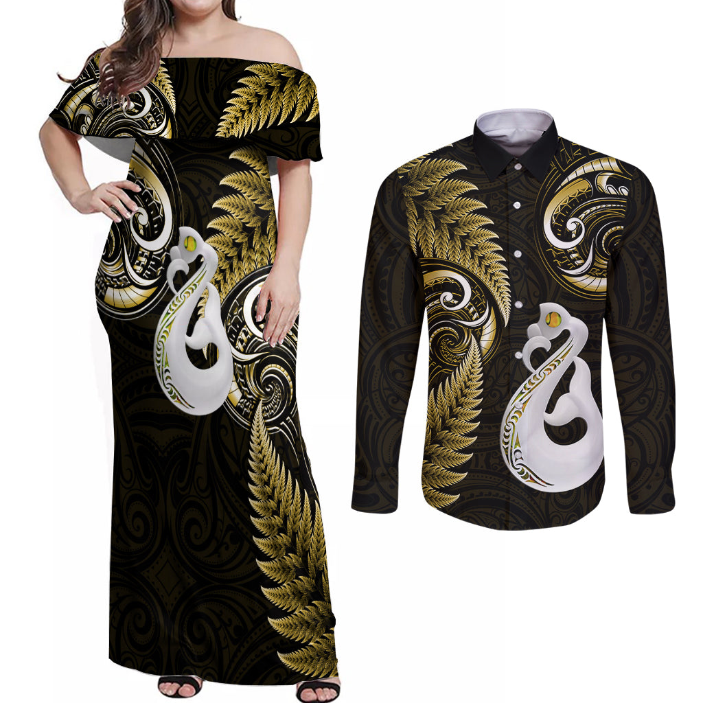 Personalised New Zealand Couples Off Shoulder Maxi Dress and Long Sleeve Button Shirts Aotearoa Silver Fern With Manaia Maori Unique Gold LT14 Gold - Polynesian Pride