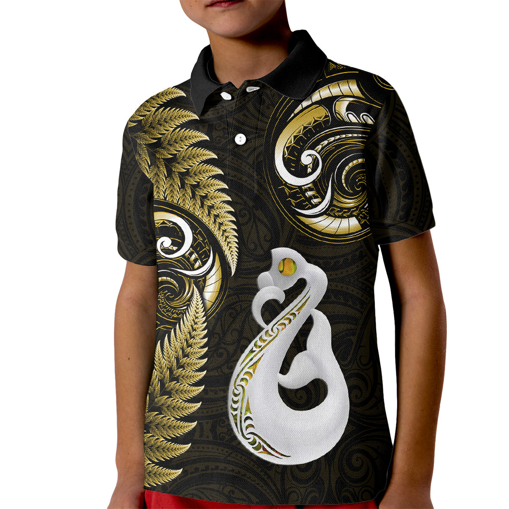 Personalised New Zealand Kid Polo Shirt Aotearoa Silver Fern With Manaia Maori Unique Gold LT14 Kid Gold - Polynesian Pride