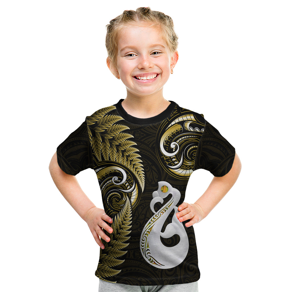 Personalised New Zealand Kid T Shirt Aotearoa Silver Fern With Manaia Maori Unique Gold LT14 Gold - Polynesian Pride