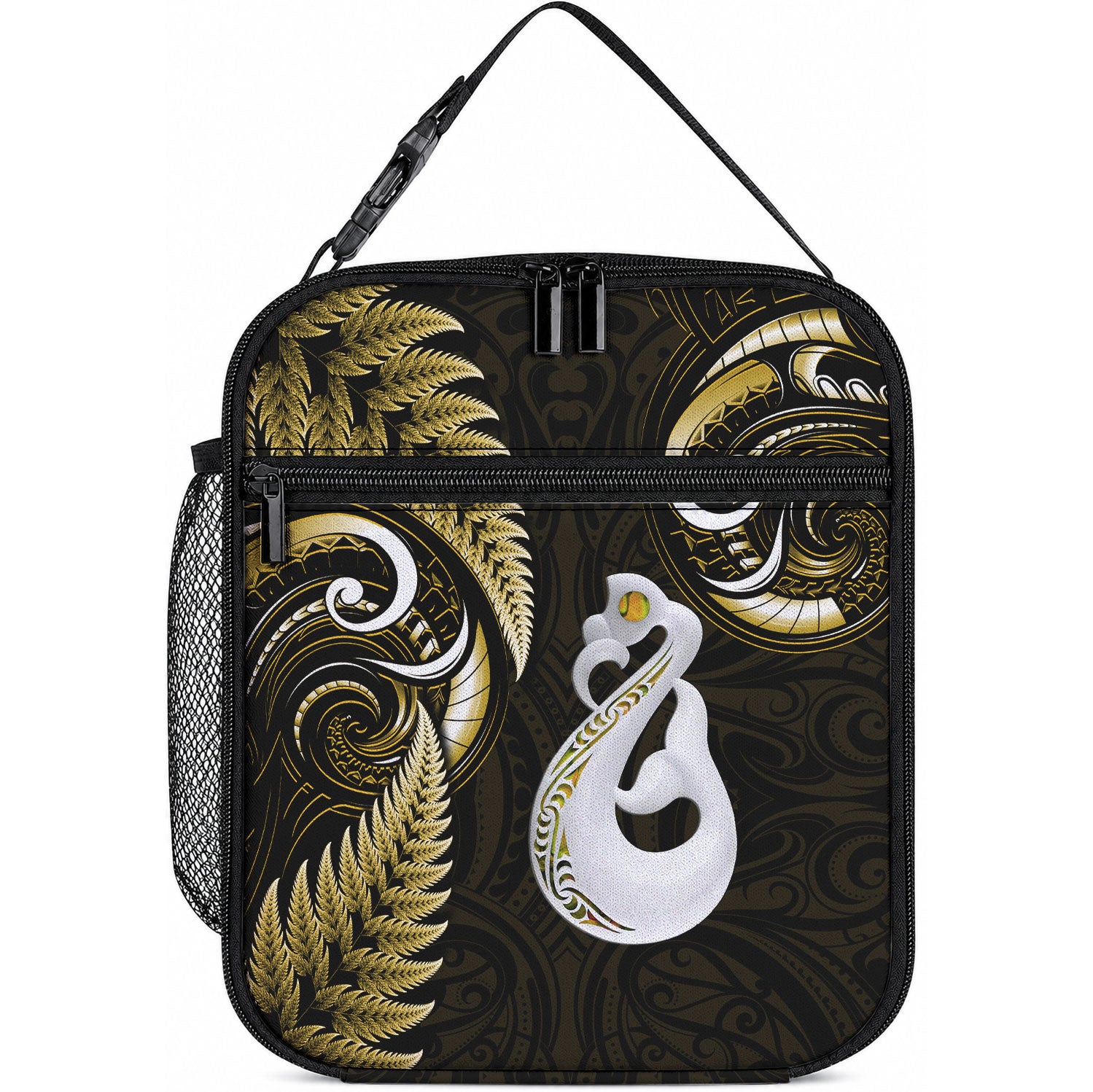 New Zealand Lunch Bag Aotearoa Silver Fern With Manaia Maori Unique Gold LT14 10.2 × 8.3 × 4.3 inch Gold - Polynesian Pride