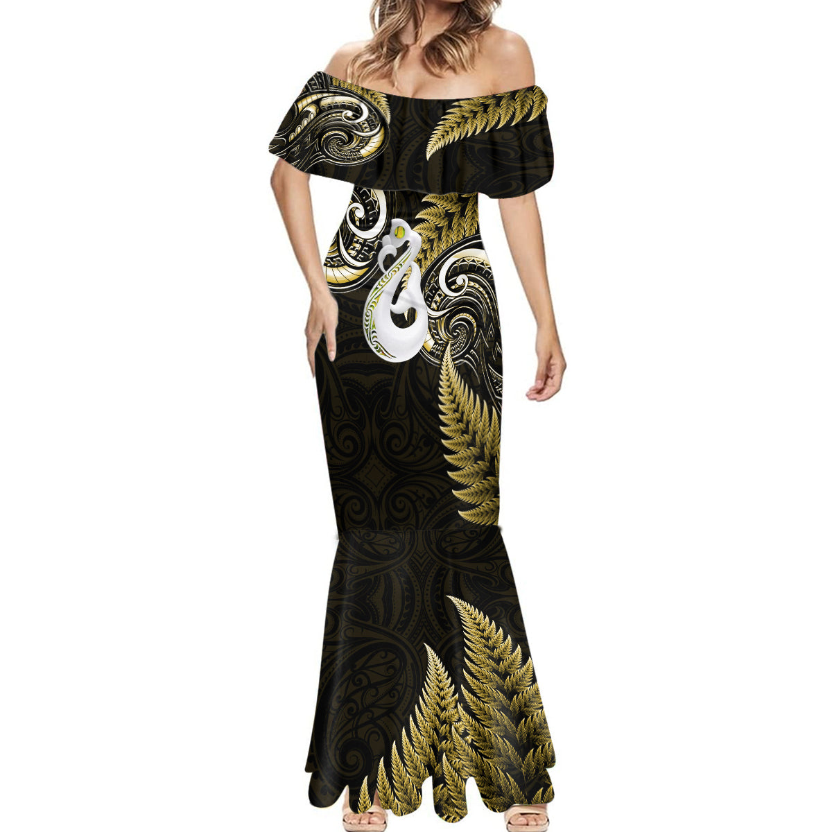 Personalised New Zealand Mermaid Dress Aotearoa Silver Fern With Manaia Maori Unique Gold LT14 - Polynesian Pride