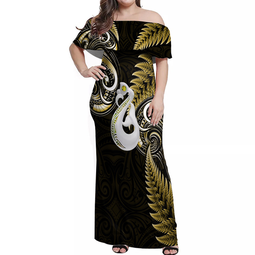 Personalised New Zealand Off Shoulder Maxi Dress Aotearoa Silver Fern With Manaia Maori Unique Gold LT14 Women Gold - Polynesian Pride