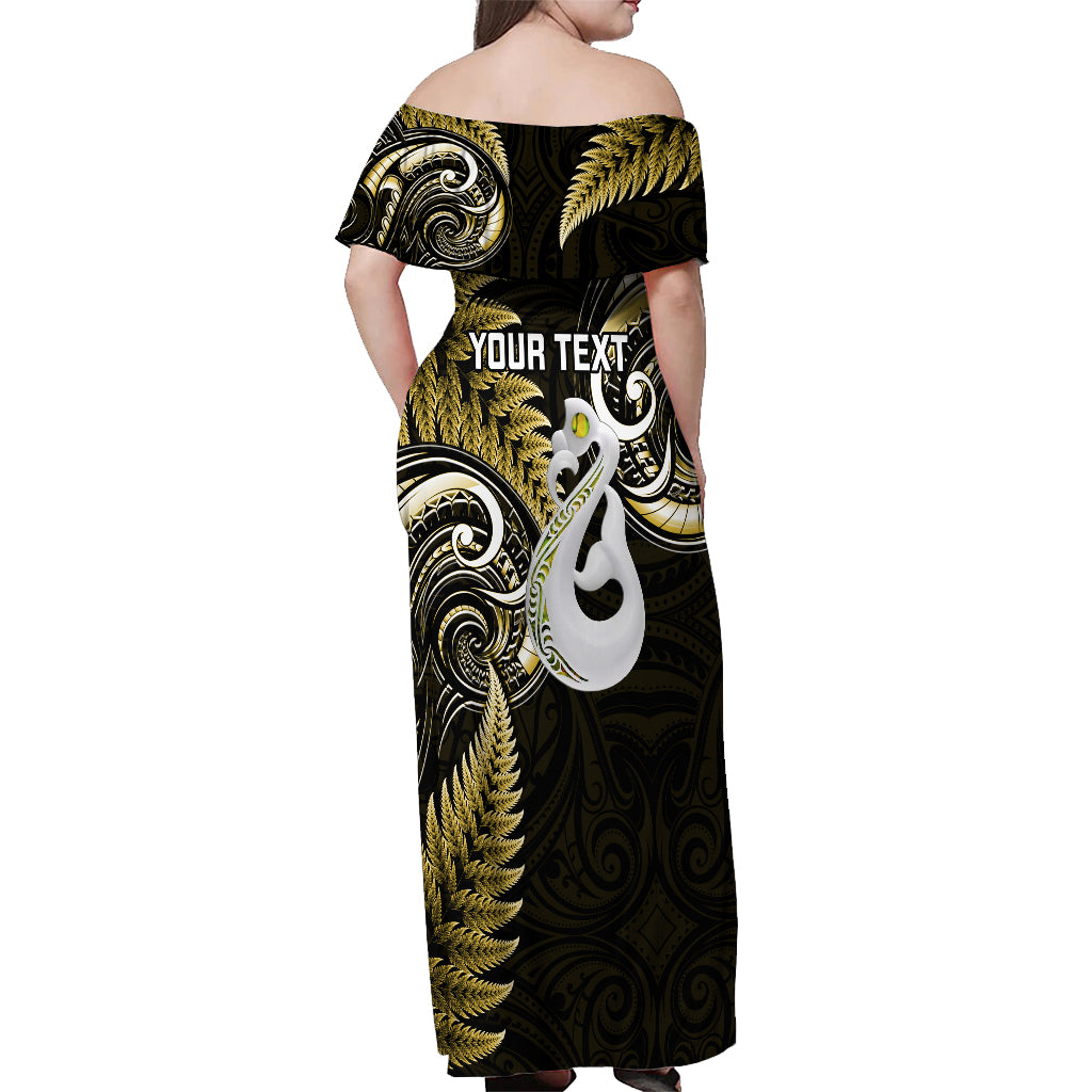 Personalised New Zealand Off Shoulder Maxi Dress Aotearoa Silver Fern With Manaia Maori Unique Gold LT14 - Polynesian Pride