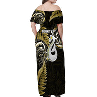 Personalised New Zealand Off Shoulder Maxi Dress Aotearoa Silver Fern With Manaia Maori Unique Gold LT14 - Polynesian Pride