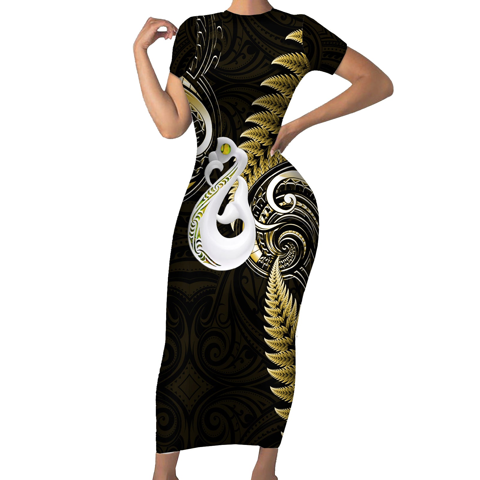 Personalised New Zealand Short Sleeve Bodycon Dress Aotearoa Silver Fern With Manaia Maori Unique Gold LT14 Long Dress Gold - Polynesian Pride