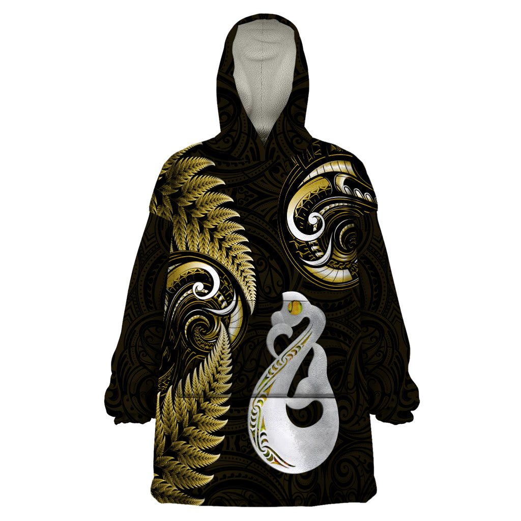 Personalised New Zealand Wearable Blanket Hoodie Aotearoa Silver Fern With Manaia Maori Unique Gold LT14 One Size Gold - Polynesian Pride