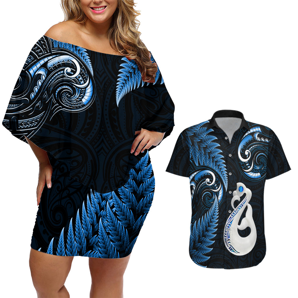 Personalised New Zealand Couples Off Shoulder Short Dress and Hawaiian Shirt Aotearoa Silver Fern With Manaia Maori Unique Blue LT14 Blue - Polynesian Pride