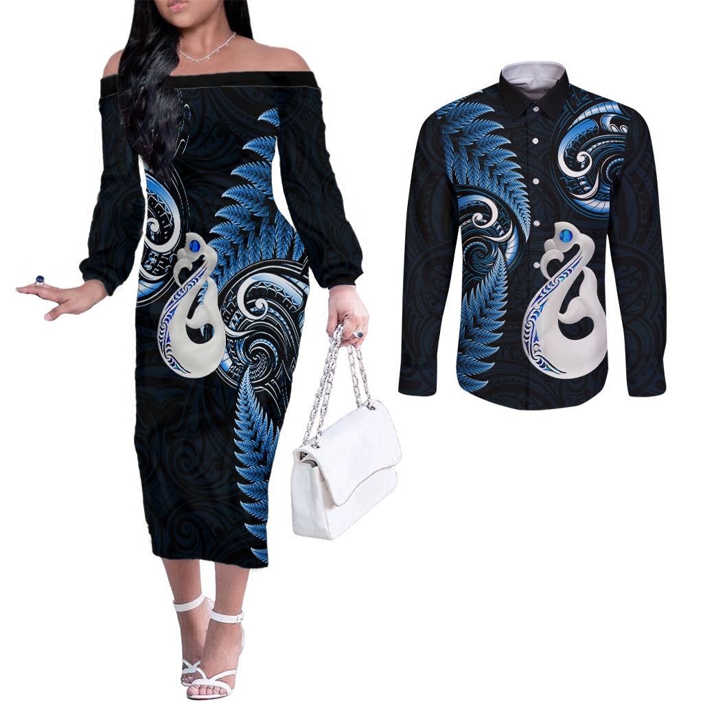 Personalised New Zealand Couples Off The Shoulder Long Sleeve Dress and Long Sleeve Button Shirts Aotearoa Silver Fern With Manaia Maori Unique Blue LT14 Blue - Polynesian Pride